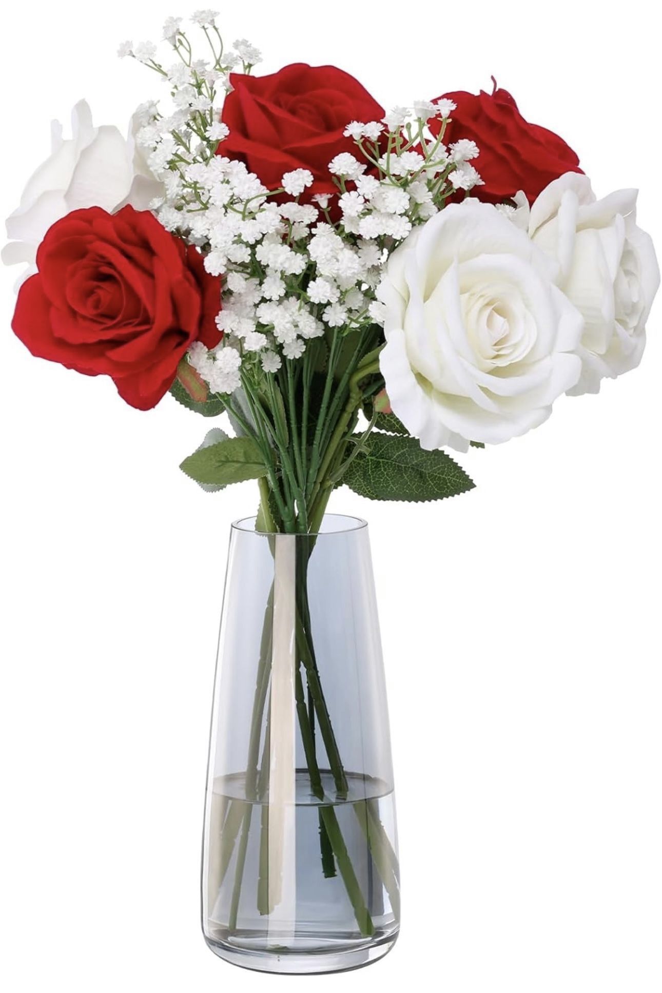 Fake Flowers with Vase, Silk Roses Artificial Flowers in Vase, Faux Flowers with Glass Vase for Coffee Table Decor, Living Room Bathroom Plant Decor,