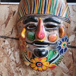 Vintage Hand Painted Mexican Terra Cotta Clay Mask Folk Art Decor