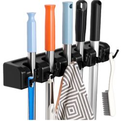 Wall Mount Broom Holder 5 Slots 6 Hooks Mop Organizer Rack