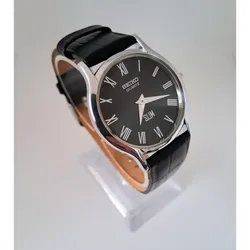 Seiko Super Slim Men's Vintage Leather Black & Silver Wrist Watch