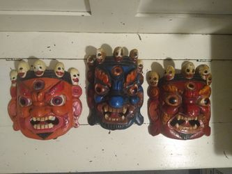Set of 3 Hand-Carved Nepalese Bhairab Mahakala Wooden Masks  Himalayan Wall Art