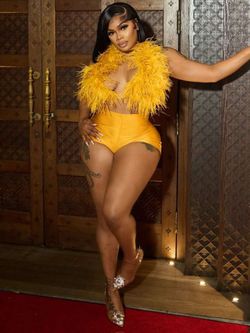 Two Piece  Feathered Top And Spandex Shorts 