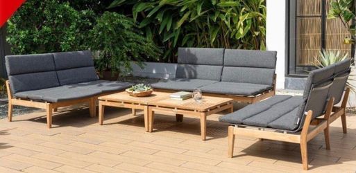 BRAND NEW 8 Piece 100% FSC Solid Teak Patio Seating Set With Grey Cushions | Ideal Furniture Set For Outdoor