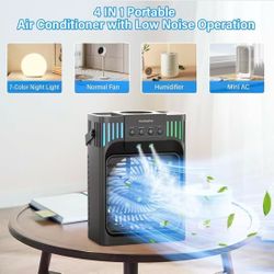 4-in-1 Evaporative Air Cooler with Remote Control, Cooling Fan with 3 Modes, 3 Speeds & 7 LED Lights, 2-8H Timer, 1200ML Personal Mini AC Unit