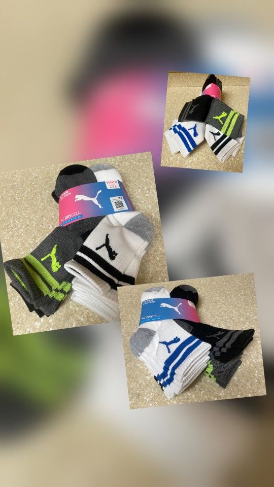 Puma 10 Pairs Youth Low Crew Socks, Shoe Size 4-9.5, White/Gray/Black