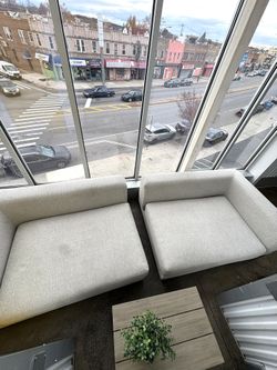 CB2 Midcentury Modern Minimalist Gray Fabric 2 Piece Loft Lounge Sofa Couch 