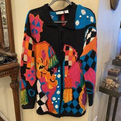 Vintage MIXIT Women Colorful Artsy Over-Sized Knit Cardigan Size Small