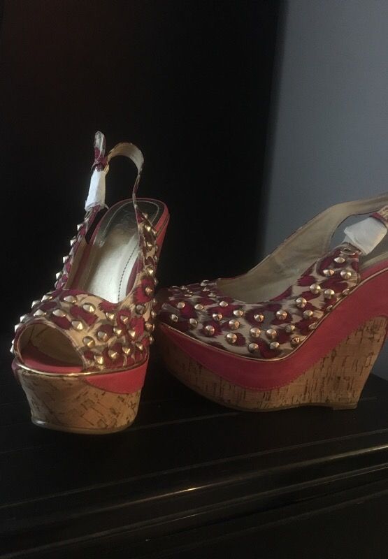 Pink fuchsia studded wedges Leopard print