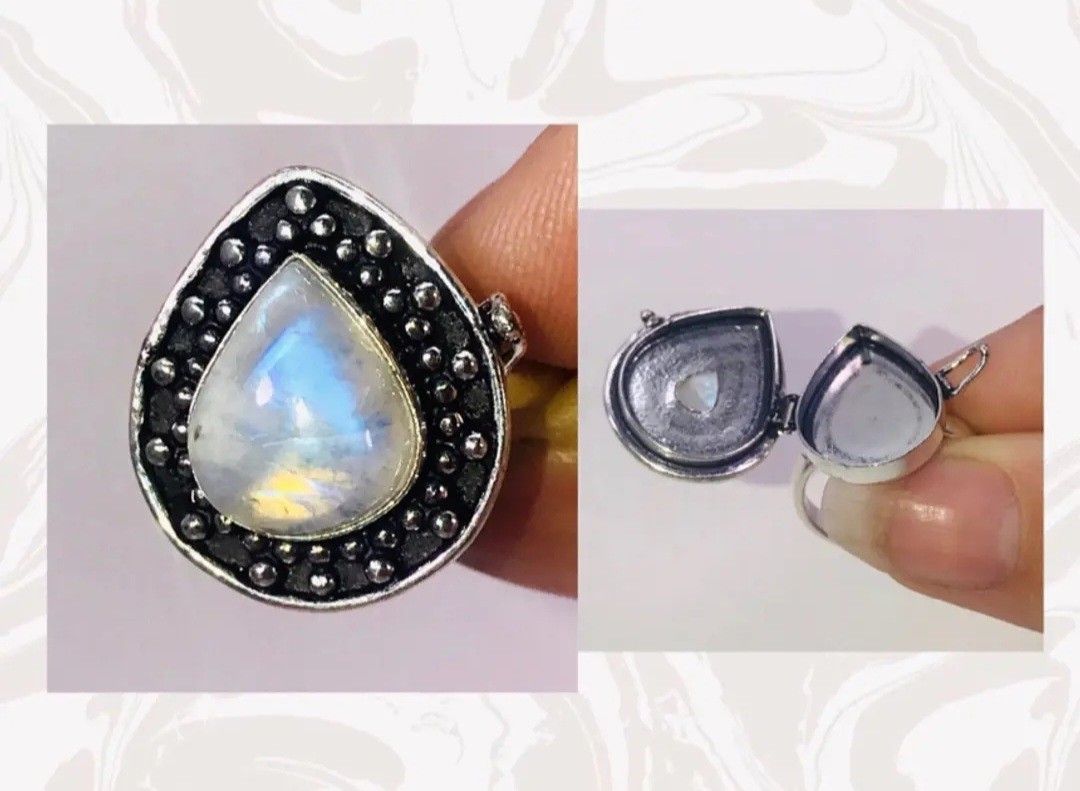 FIERY RAINBOW MOONSTONE TEARDROP STONE RING SIZE 7 NEW!