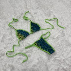 New small neon green micro bikini cheetah festival rave outfit swimsuit y2k No tag is present it was a custom piece