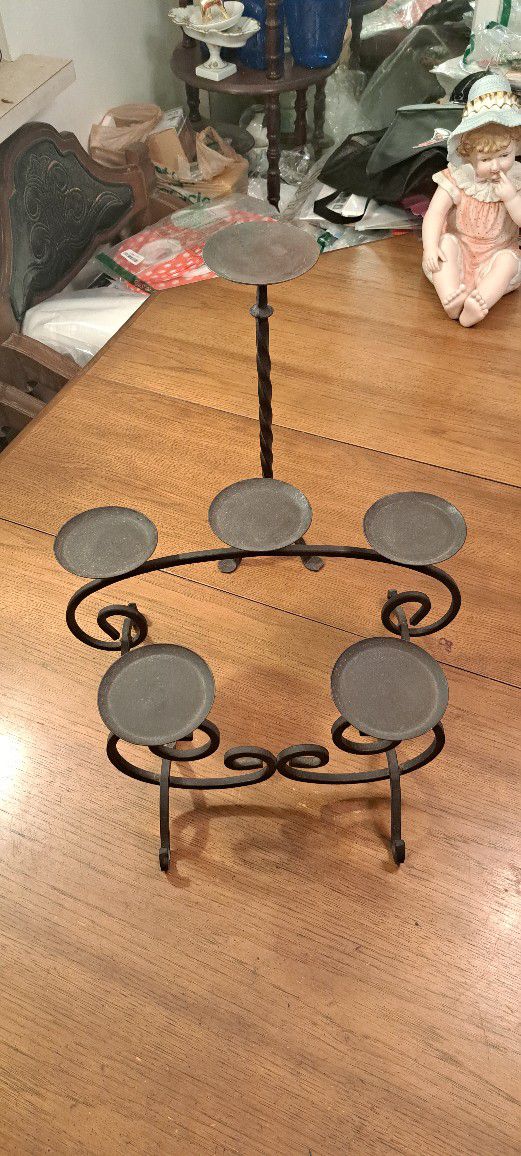 Vintage Set Of 3 Heavy Wrought Iron Pillar Candle Holders-One Single, One Double & One Triple