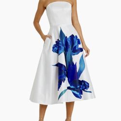 Mac Duggal Cocktail Floral Satin Strapless Midi Dress