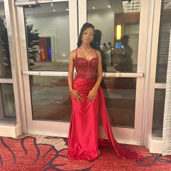 Stacees Fitted Satin Corset Slit Prom Dress With Draping Burgundy Size US8