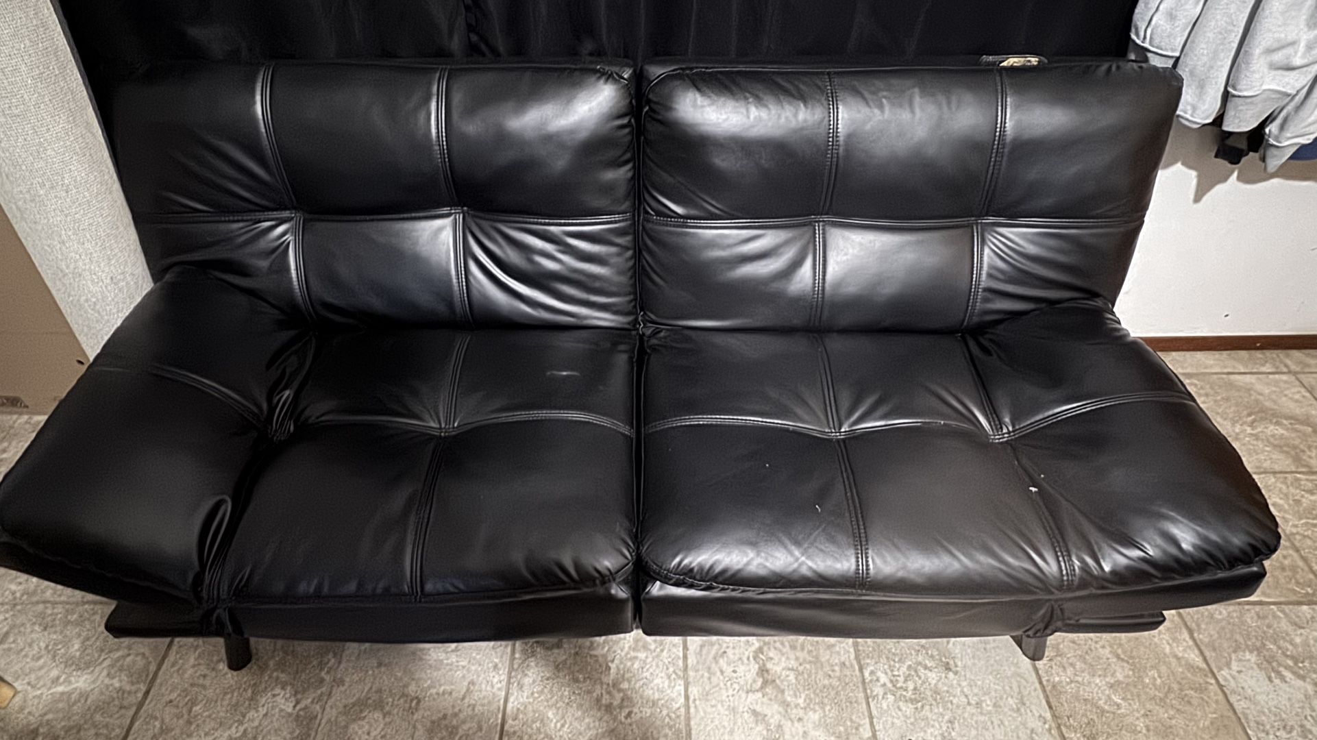 Black Leather Sofa Bed & 3 Wooden Stools
