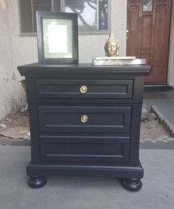 3 Drawer Nightstand- Solid Wood- Black with Gold