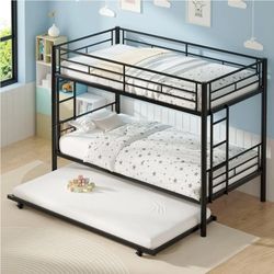 VECELO Bunk Bed Twin Over Twin with Trundle, Metal Bunkbeds with Ladder and Guardrails, Black