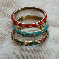 Vintage Signed BTF Hinged Enamel Bangle Bracelets, Elephants, Palms, Flowers, Red, Green, Rhinestones 