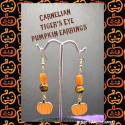 Halloween Carnelian and Tiger's Eye Beads with Pumpkin Charm Earrings