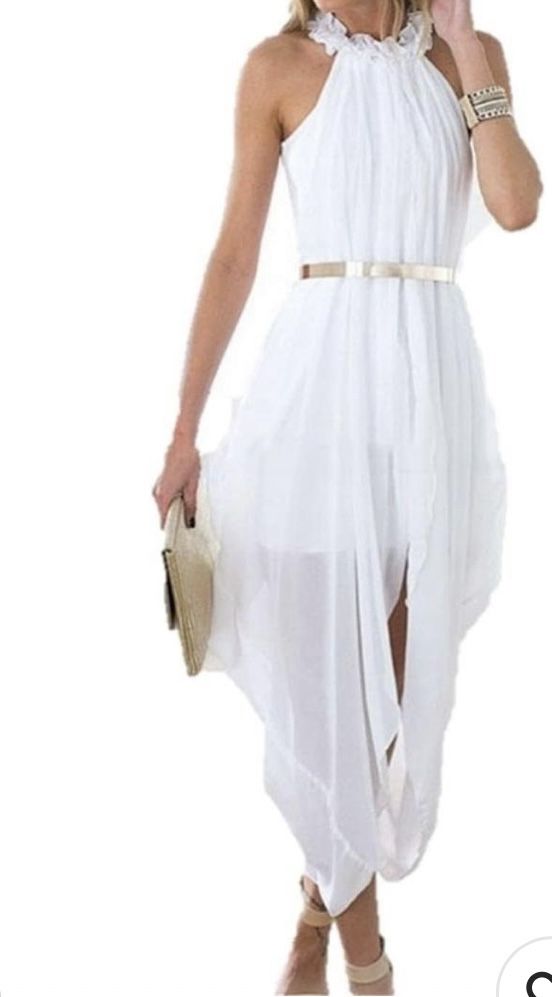 Women's Elegant Hi Low Sheer Chiffon Gold Belted Folds Casual Beach Holiday Party Dress M