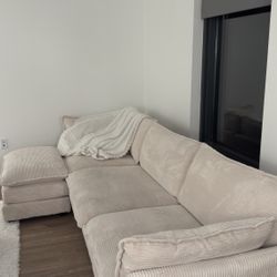 Modern L-Shaped Sectional Sofa with Ottoman – Beige Corduroy, Space-Saving Design