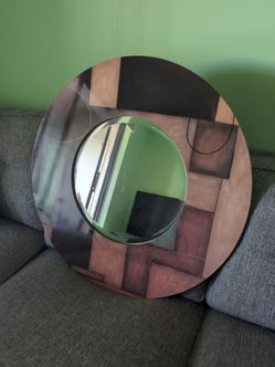 Brown/tan/beige/green, abstract, 30" X 1/2" diameter, circular wall mirror