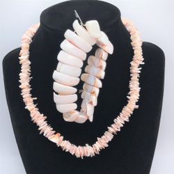Bracelet Necklace Set Lot Luhuanus Shell Chips Orange Pink Beach Island Surfer