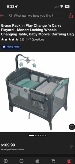 Graco Pack 'n Play Change 'n Carry Playard - Manor: Locking Wheels, Changing Table, Baby Mobile, Carrying Bag