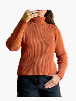Q&A Vtg 100% Cotton Ribbed Turtleneck Sweater L Burnt Orange Rust Knit Top UK