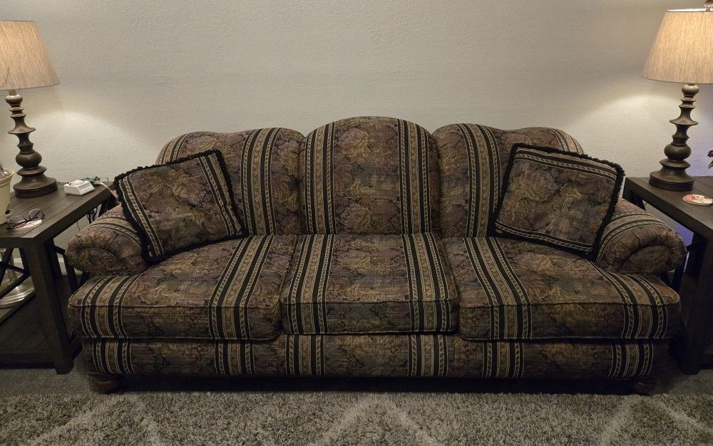 Like New, Good Condition, Quality Fabric, Very Comfortable Sofa with 2 matching pillows plus a Matching Chair with Matching Ottoman