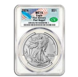 2024 1 oz Silver Eagle CAC MS 70 First Del. Paul Nugget Signed