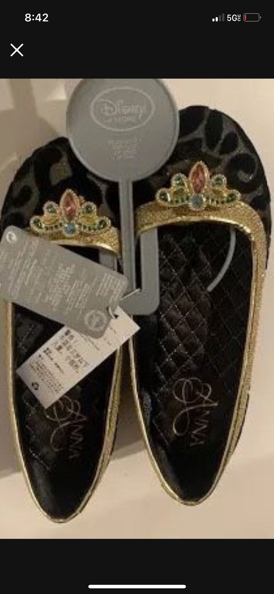 Disney parks Princess Anna Frozen Costume Shoes Black Gold Child Size available in size 11/12 & 2/3 NWT 25$ each Pick up location in the city of pico 
