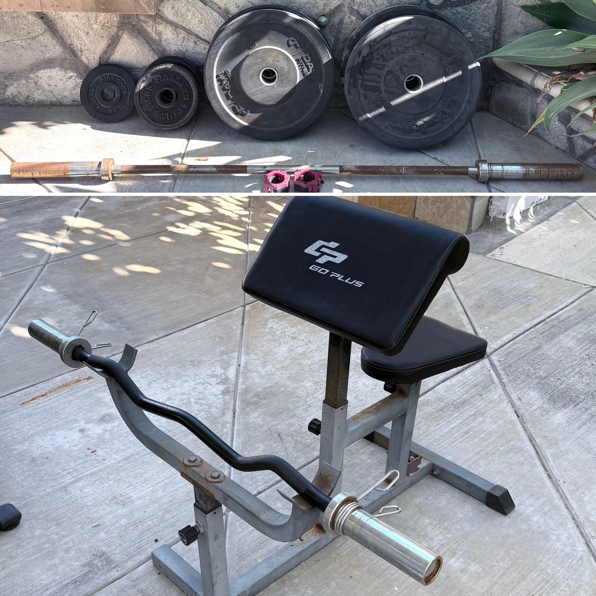 Olympic Curl Bar Bench, Olympic Weight Plates, & Olympic Bar