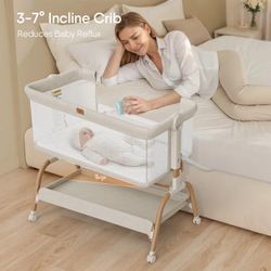 Baby Bassinet Bedside Crib, 3-in-1 Baby Bassinet Bedside Sleeper with Mattress and Soft, Breathable Sheet, Full-Mesh Sides, 6-Height Adjustable, Stabl
