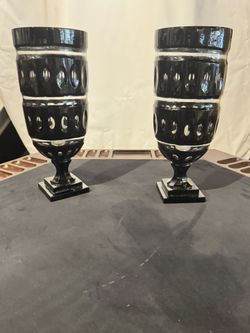 Pair of Black Hand-Cut Crystal Hurricane Candleholders