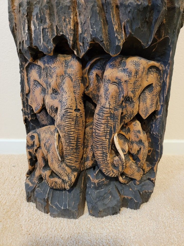 Thai Teak Wood Elephant Sculpture Free Standing 003