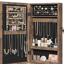 Lockable Jewelry Cabinet Armoire with Mirror, Wall-Mounted Space Saving Jewelry Storage Organizer, Rustic Brown