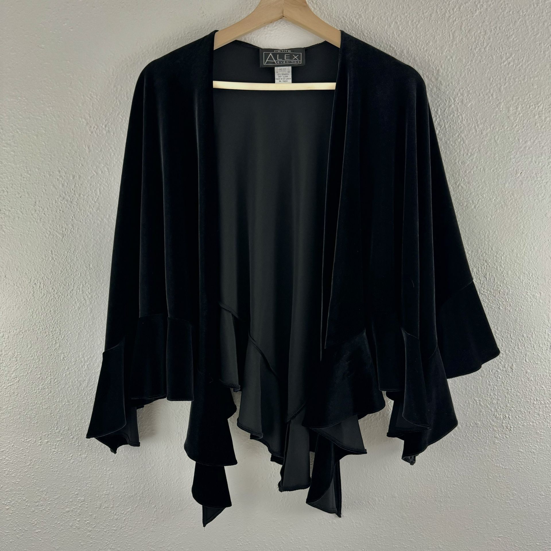 ALEX EVENINGS Vintage 90s Black Velvet Petite Goth Formal Long Drape Shawl