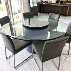 Glass Table & Leather Base For Sale 