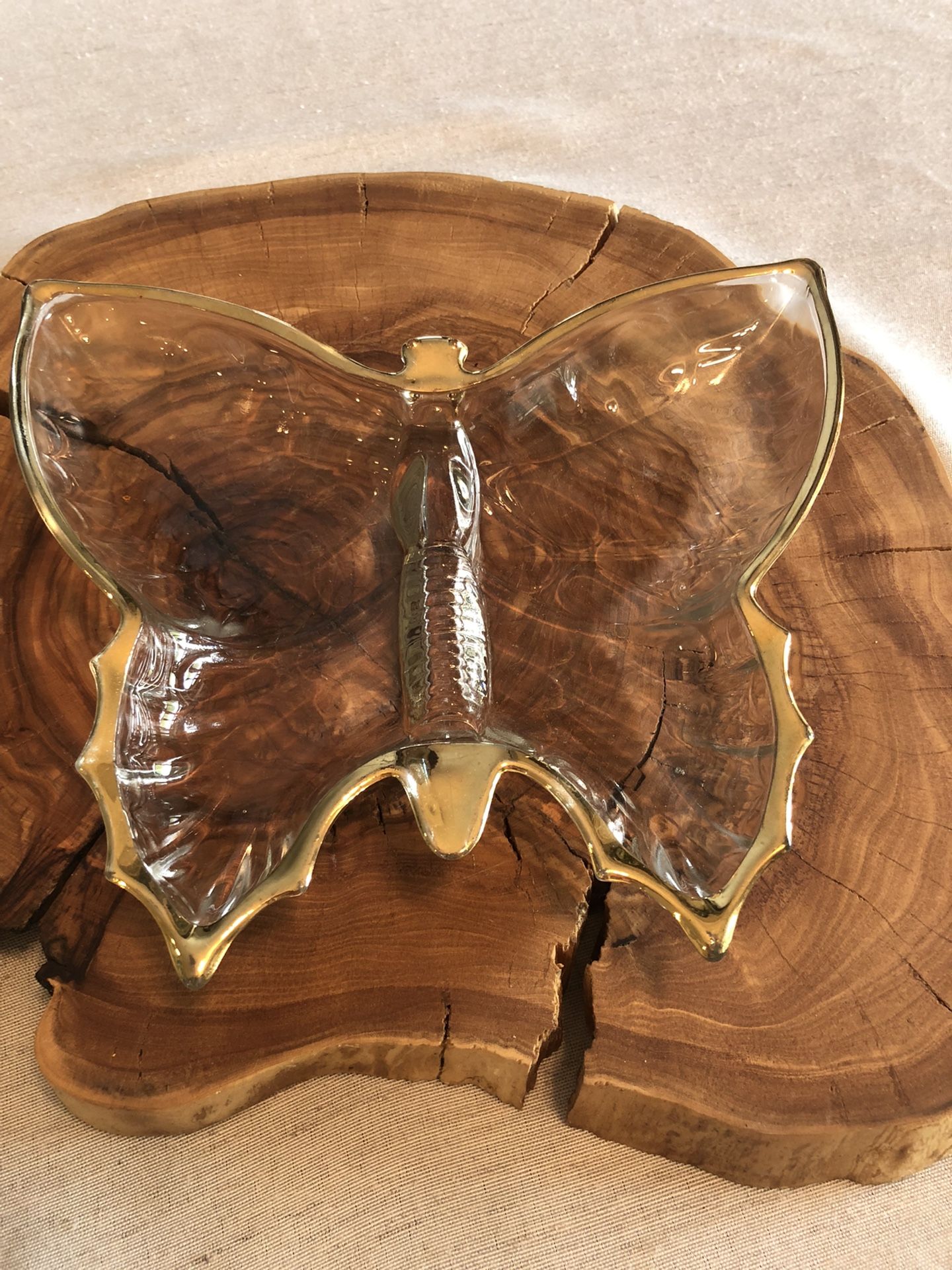 Vintage Jeanette Glass Butterfly Candy Trinket Dish 22K Gold Decorated