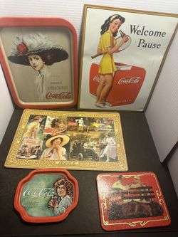 Coca Cola vintage advertising metal trays signs lot of 5 collectible decor