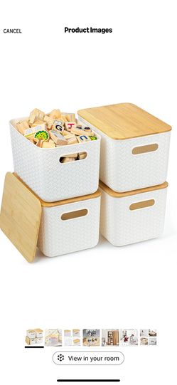 4 Packs Storage Bins with Bamboo Lids - Plastic Storage Containers with Lids Stackable Storage Box：Storages Baskets for Organizing Desktop Closet Play