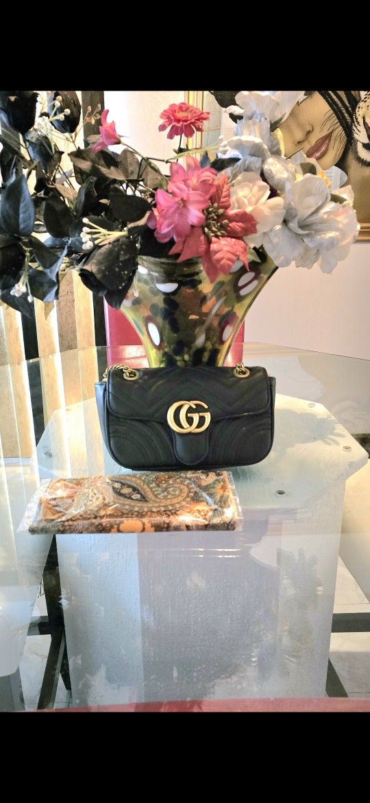 Black Leather Crossbody And Silk Scarf
