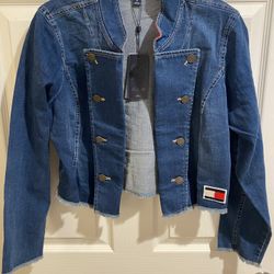 Tommy Hilfiger Jean Jacket Women’s Sz M Blue Denim Patchwork Flag Logo Crop