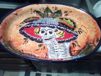19.5" x14" Mexican dish plate day of dead skull fruit and veggie holder food tray