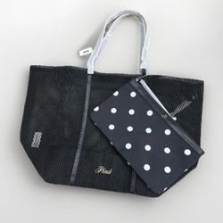 Victoria's Secret 2pc Black Mesh Tote Bag & Polka Dots Pouch 14.5”x9.3”x9.8” NWT