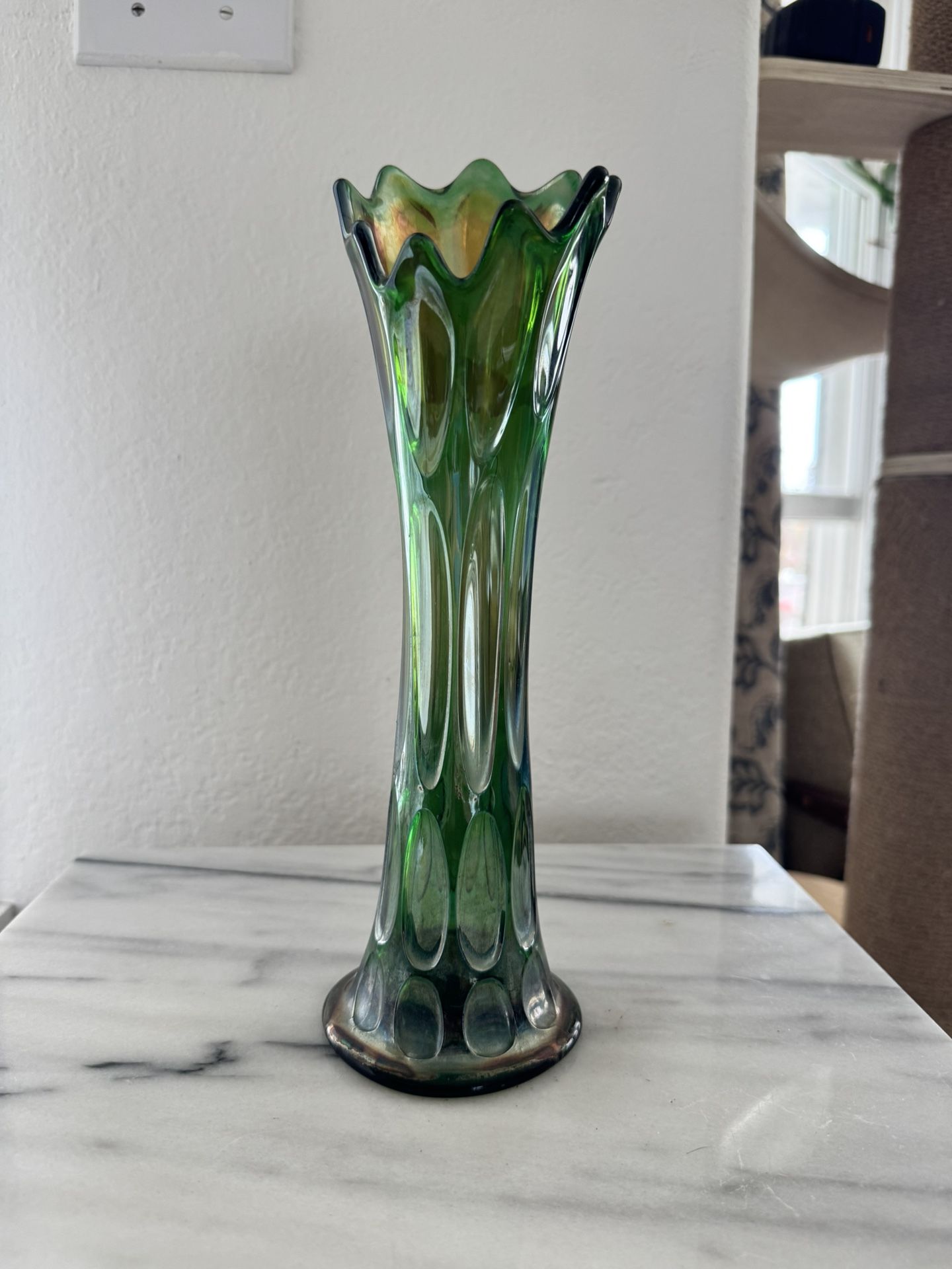 Vintage Fenton Green Carnival Long Thumbprint Swung Vase