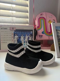 Kids Sock Sneakers Black White Stripe- 4.5 T
