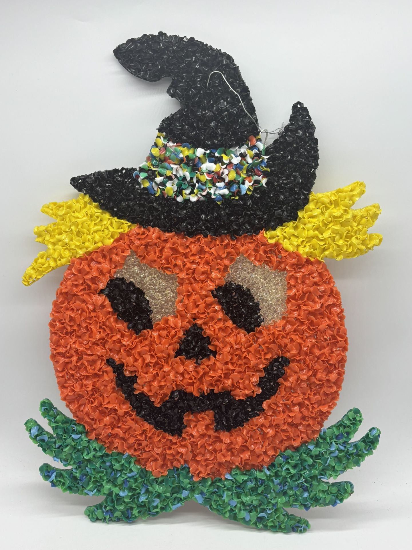 Vtg Pumpkin Jack-O-Lantern Melted Plastic Popcorn Decoration Halloween 17"x12"