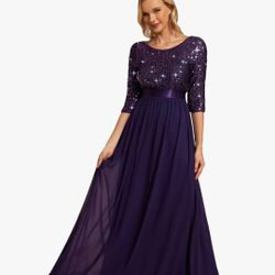 Purple Elegant A Line Crew Neck Half Sleeve Sequin Maxi Evening Dress
