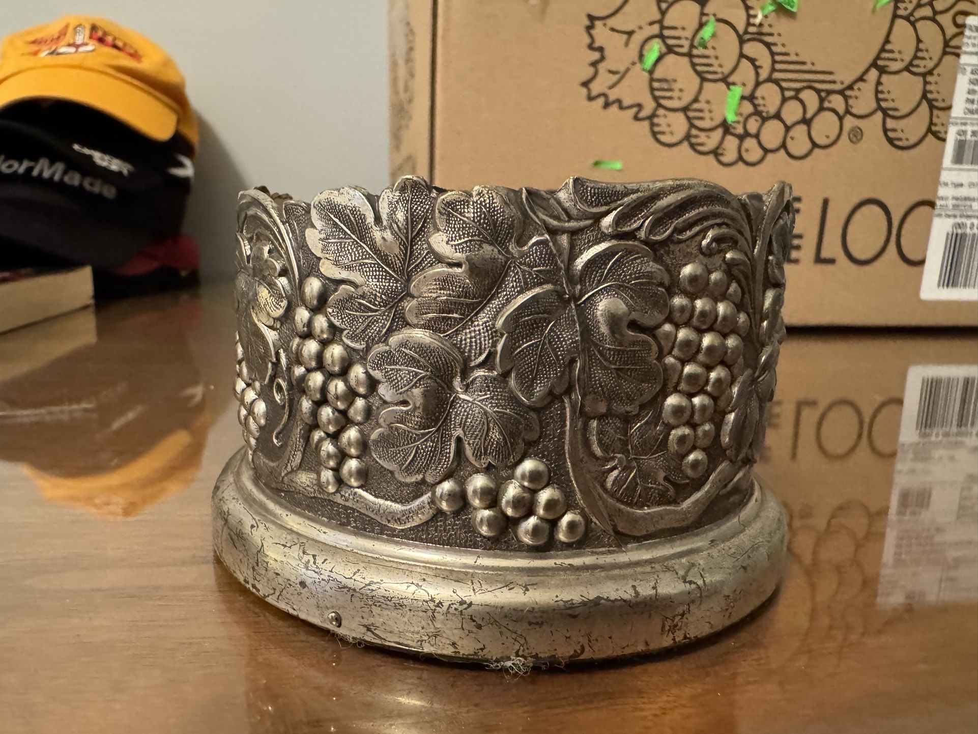 Vintage Silver Plated Wine or Champagne Bottle Coaster in Grape Vine Motif